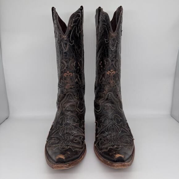 Pecos Bill Women Boot Size 8 Dark Mocha Inlay Distressed Leather Cowgirl Western - Picture 2 of 14